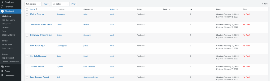 demo listings of directory website