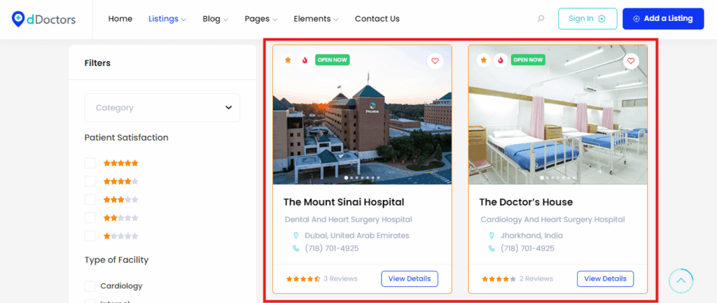 Detailed Facility Profiles of medical directory website